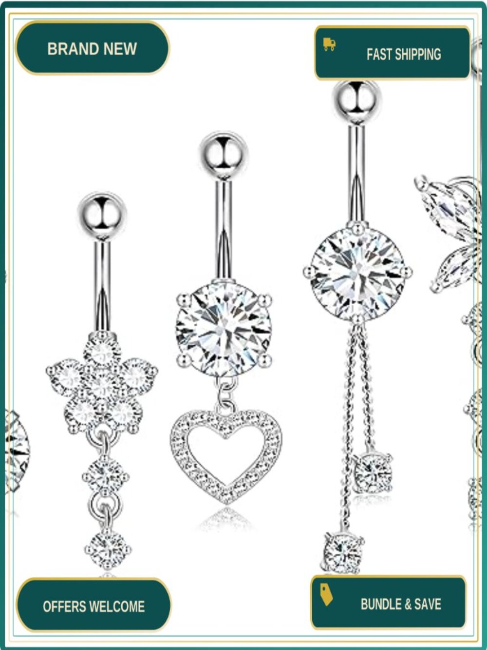 Surgical Stainless Steel Dangle Belly Button Ring 14G Heart Flower Butterfly